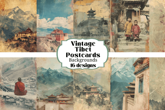 16 Vintage Tibet Postcards Backgrounds for Creative Projects