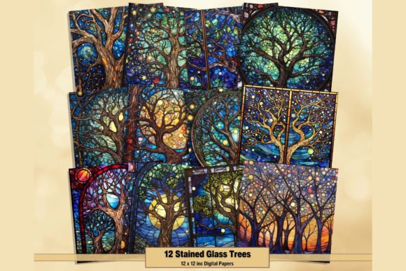 Stained Glass Trees Digital Backgrounds for Crafters