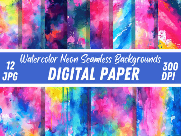 Watercolor Neon Seamless Backgrounds: Vibrant Digital Papers